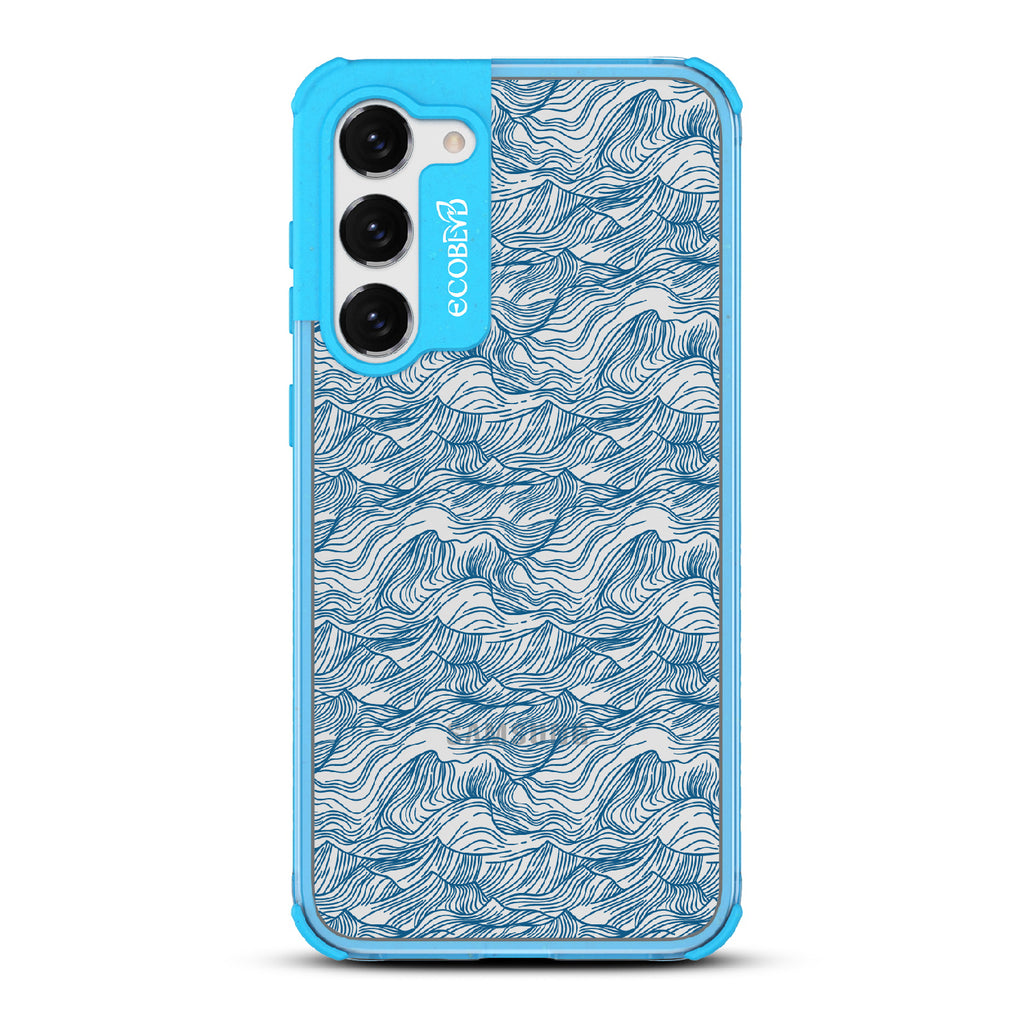 Seas The Day - Blue Eco-Friendly Galaxy S23 Case With Hand Drawn Waves On A Clear Back