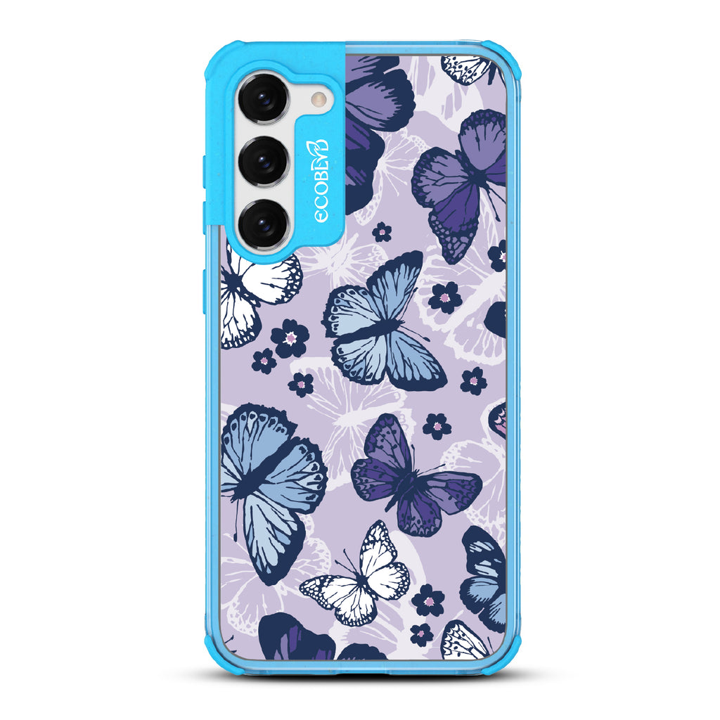 Deja Vu - Blue Eco-Friendly Galaxy S23 Case With Blue, White, Purple Butterflies & Flowers On A Purple / Clear Back