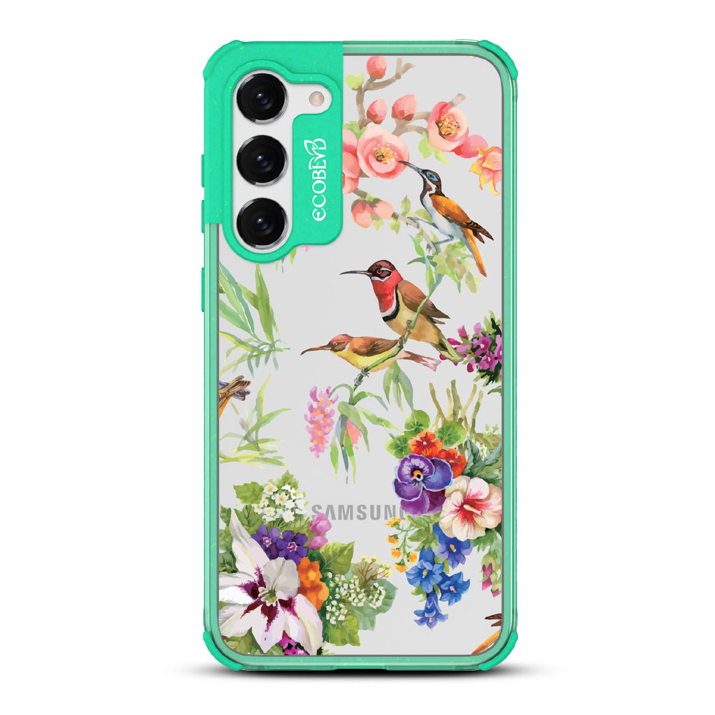 Sweet Nectar - Green Eco-Friendly Galaxy S23 Case With Humming Birds, Colorful Garden Flowers On A Clear Back