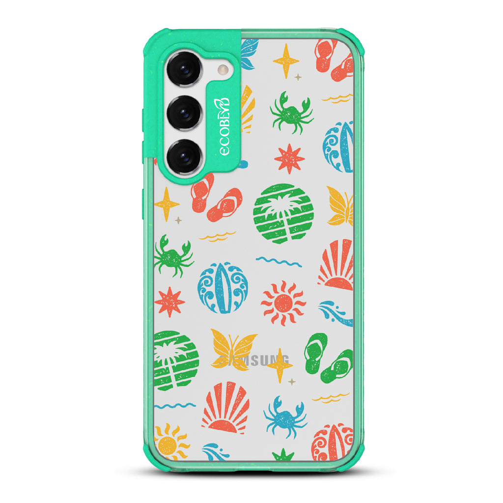 Island Time - Green Eco-Friendly Galaxy S23 Case With Surfboard Art Of Crabs, Sandals, Waves & More On A Clear Back