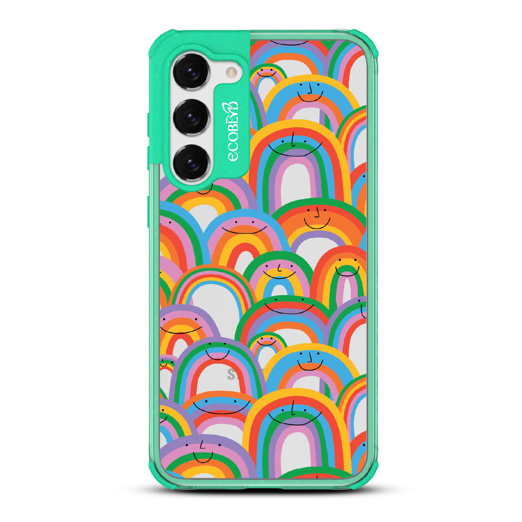 Prideful Smiles - Green Eco-Friendly Galaxy S23 Plus Case With Rainbows That Have Smiley Faces On A Clear Back