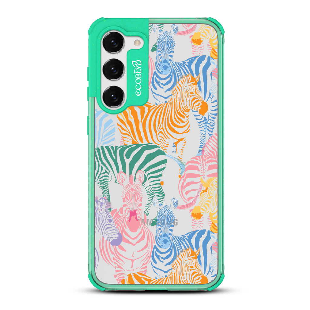 Colorful Herd - Green Eco-Friendly Galaxy S23 Case With Zebras in Multiple Colors On A Clear Back