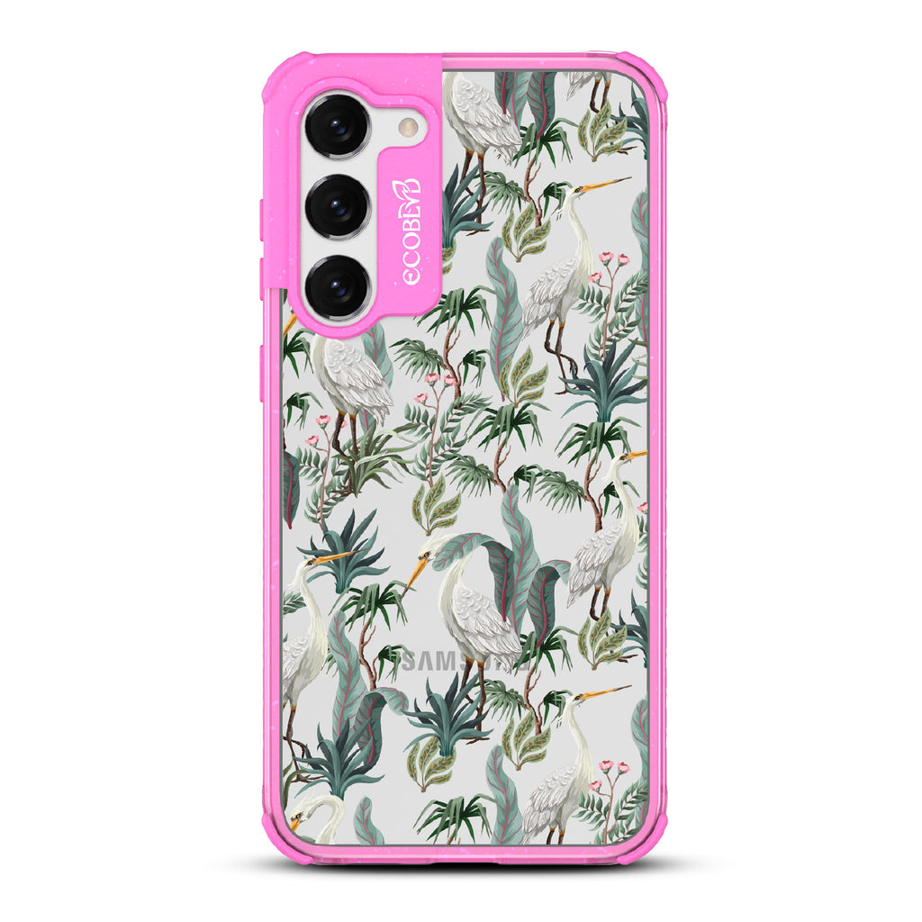 Flock Together - Pink Eco-Friendly Galaxy S23 Case With Herons & Peonies On A Clear Back