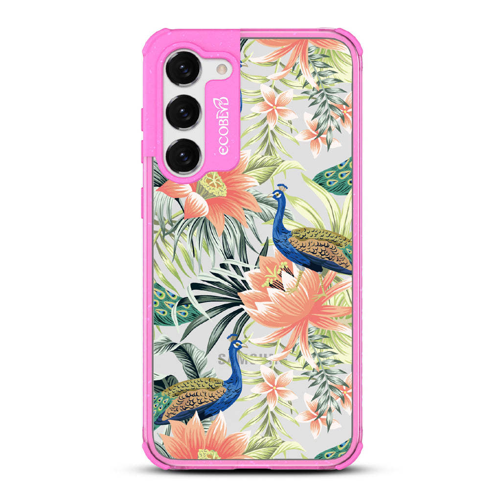 Peacock Palace - Pink Eco-Friendly Galaxy S23 Case With Peacocks + Colorful Tropical Fauna On A Clear Back