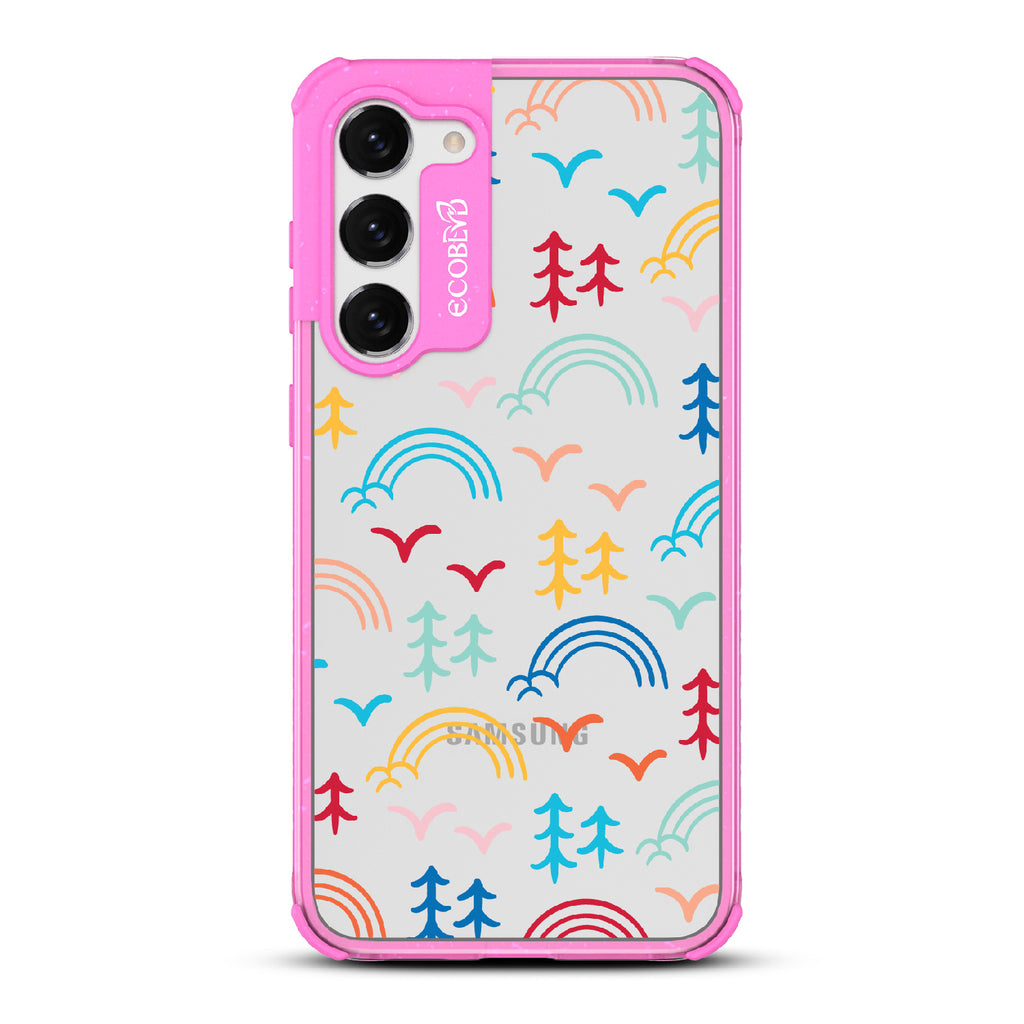 Happy Camper X Brave Trails - Pink Eco-Friendly Galaxy S23 Plus Case with Minimalist Trees, Birds, Rainbows On A Clear Back