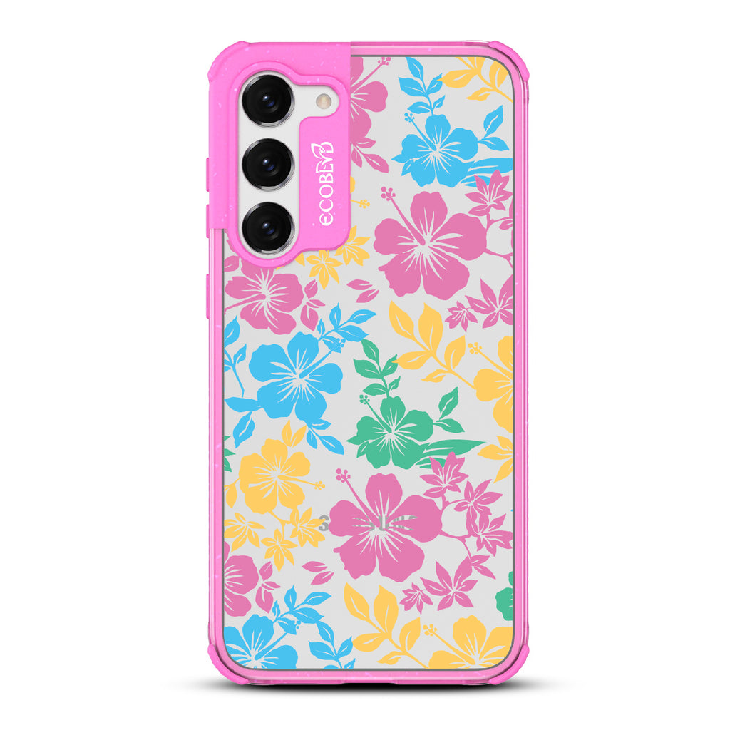 Lei'd Back - Pink Eco-Friendly Galaxy S23 Plus Case With Colorful Hawaiian Hibiscus Floral Print On A Clear Back