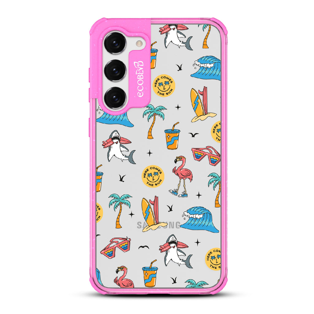 Here Comes The Sun - Pink Eco-Friendly Galaxy S23 Plus Case: Sunglasses, Surfboard, Waves & Beach Theme On A Clear Back