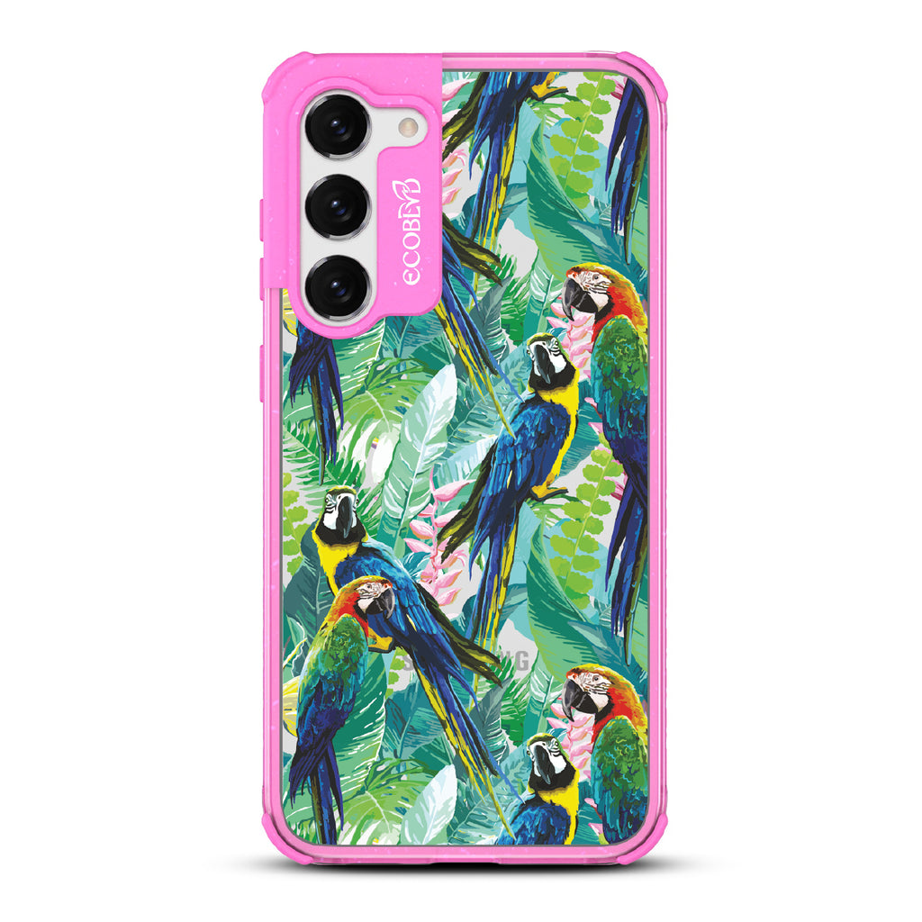 Macaw Medley - Pink Eco-Friendly Galaxy S23 Case With Macaws & Tropical Leaves On A Clear Back