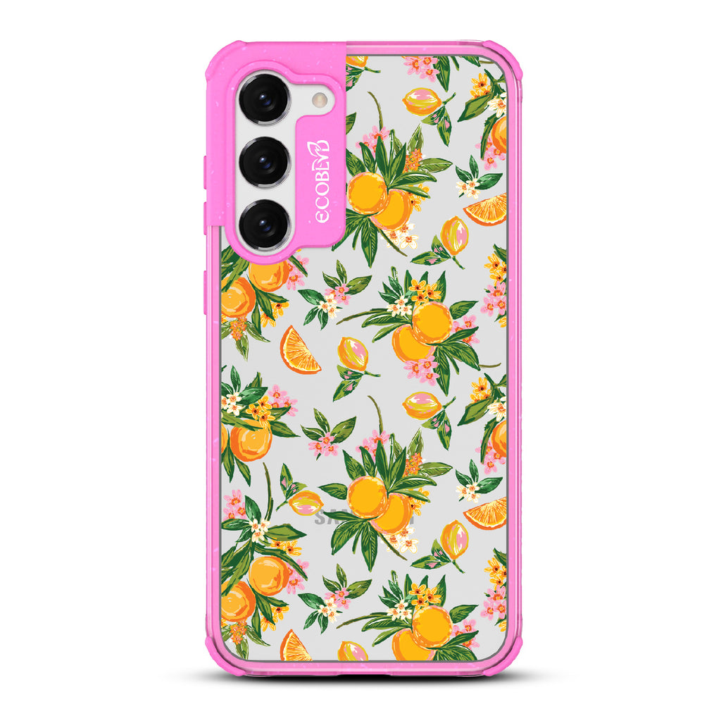 Orange Bliss - Pink Eco-Friendly Galaxy S23 Case With Oranges, Orange Slices and Leaves On A Clear Back
