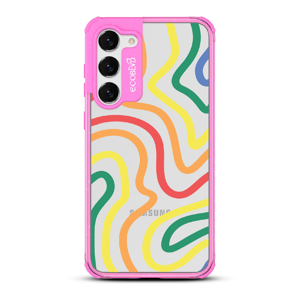  True Colors - Pink Eco-Friendly Galaxy S23 Plus Case With Abstract Lines In Different Colors Of The Rainbow On A Clear Back
