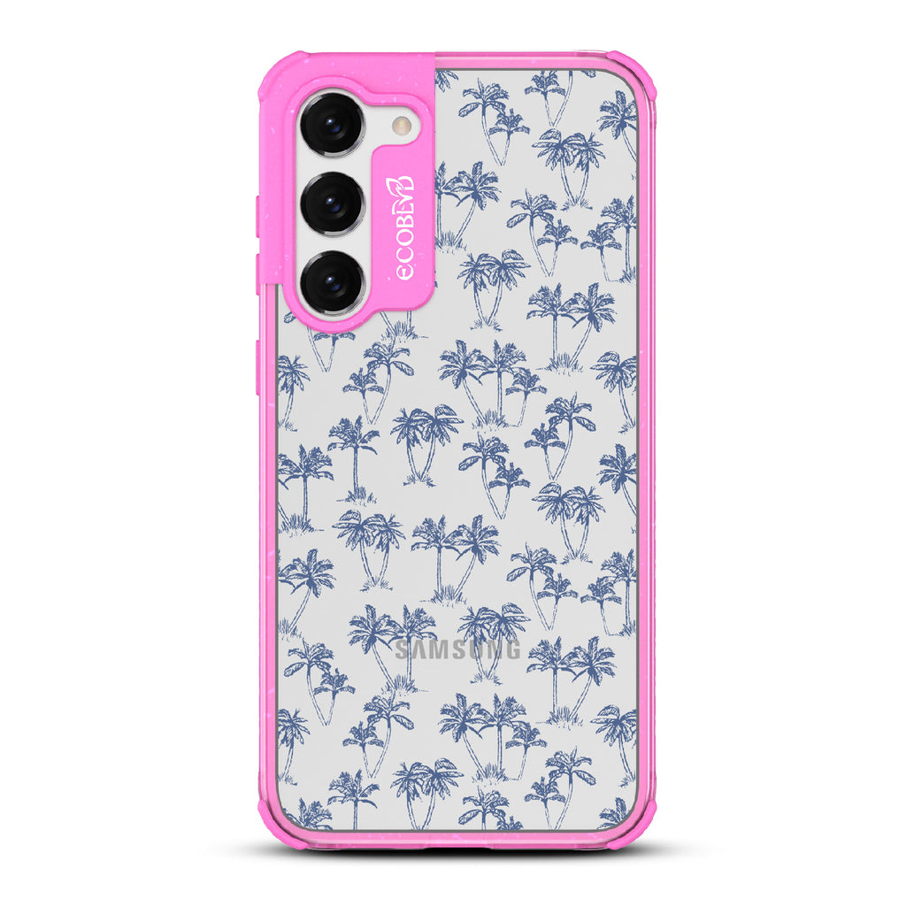 Endless Summer - Pink Eco-Friendly Galaxy S23 Case With 50's-Style Blue Palm Trees Print On A Clear Back