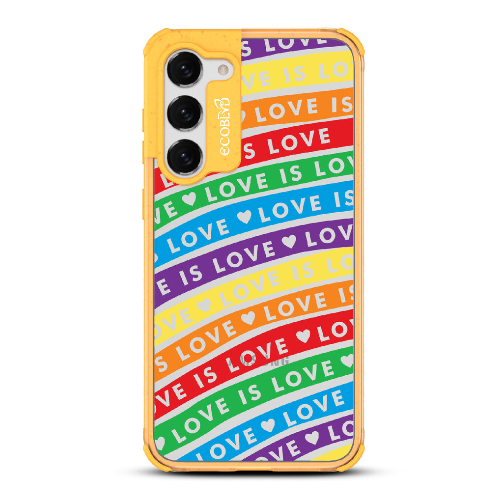 Love Unites All - Yellow Eco-Friendly Galaxy S23 Plus Case With Love Is Love On Colored Lines Forming Rainbow On A Clear Back