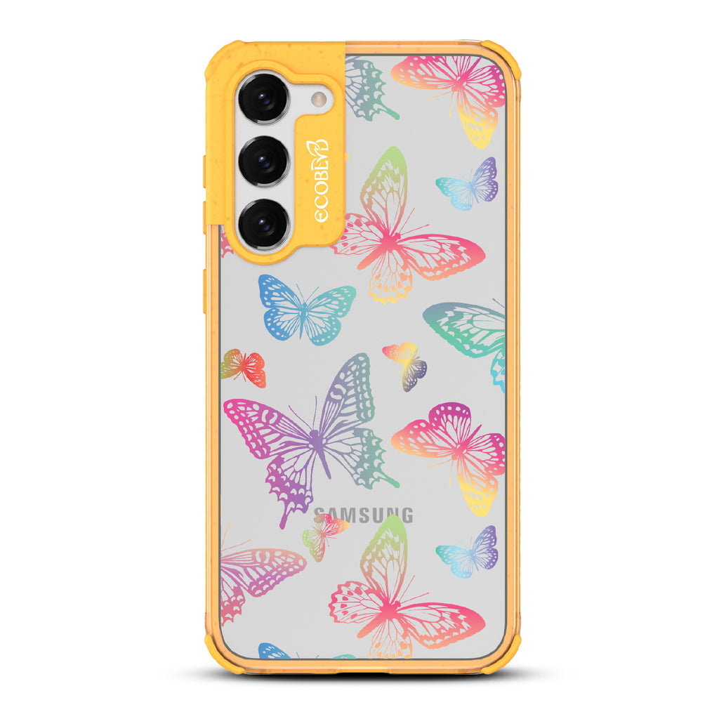 Butterfly Effect - Yellow Eco-Friendly Galaxy S23 Plus Case With Multi-Colored Neon Butterflies On A Clear Back