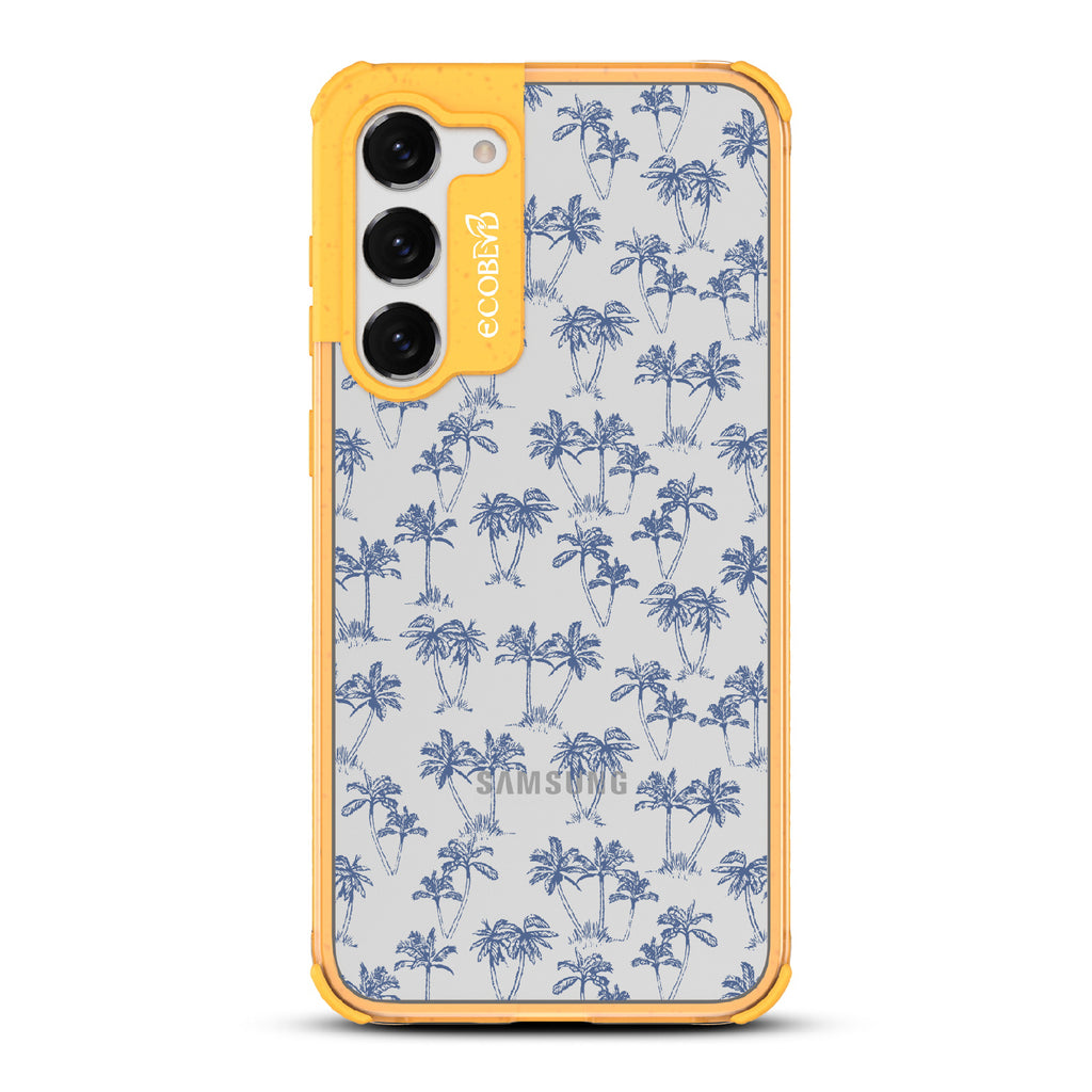 Endless Summer - Yellow Eco-Friendly Galaxy S23 Plus Case With 50's-Style Blue Palm Trees Print On A Clear Back