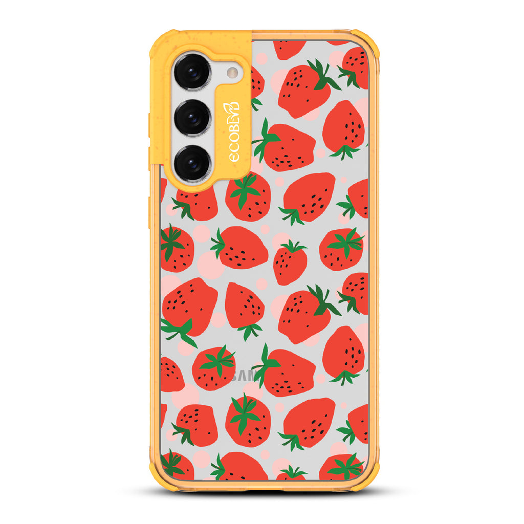 Strawberry Fields - Yellow Eco-Friendly Galaxy S23 Plus Case With Strawberries On A Clear Back