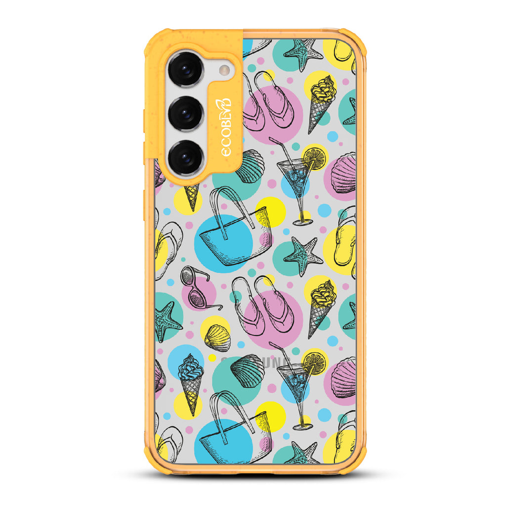 Beach Please - Yellow Eco-Friendly Galaxy S23 Plus Case With Sandals, Sunglasses, Beach Tote, Ice Cream & More On A Clear Back