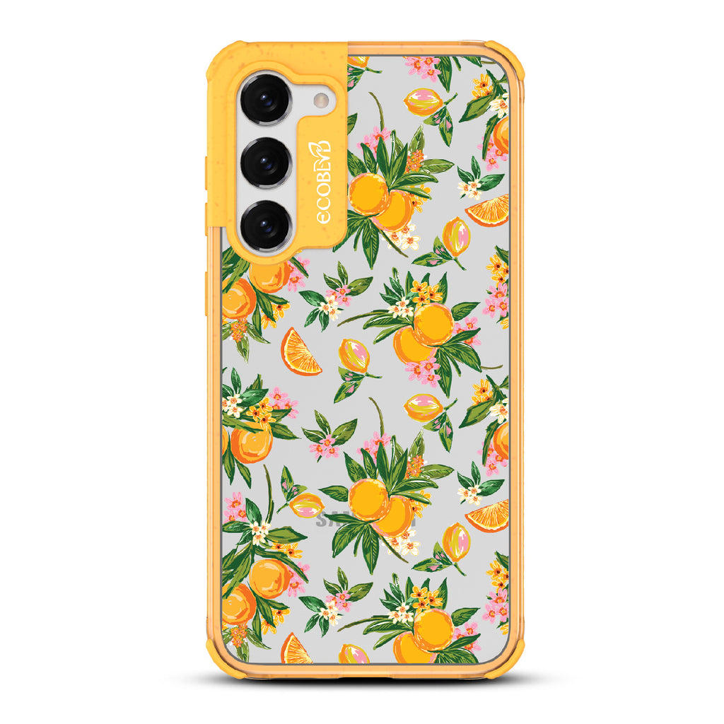 Orange Bliss - Yellow Eco-Friendly Galaxy S23 Plus Case With Oranges, Orange Slices and Leaves On A Clear Back