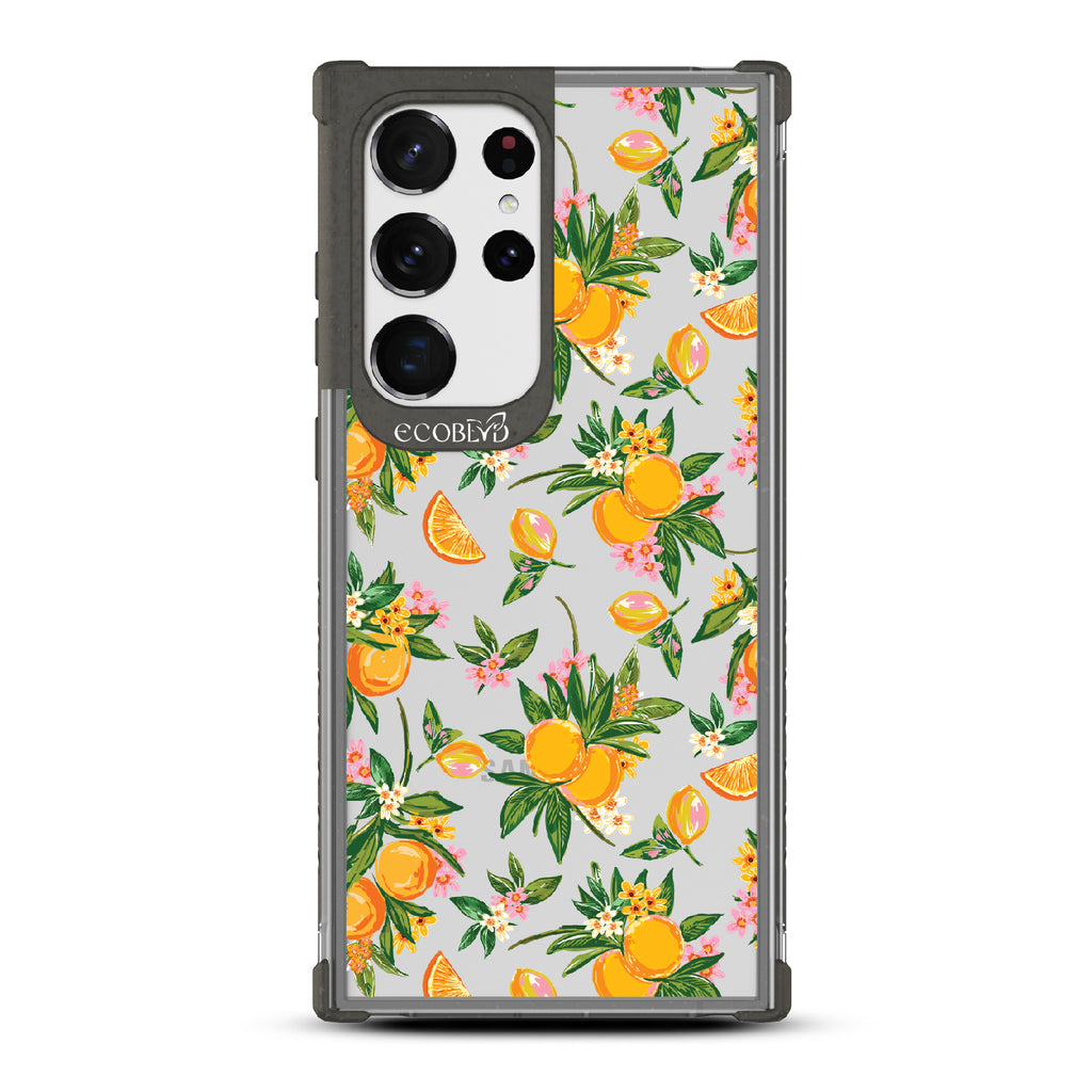 Orange Bliss - Black Eco-Friendly Galaxy S23 Ultra Case With Oranges, Orange Slices and Leaves On A Clear Back
