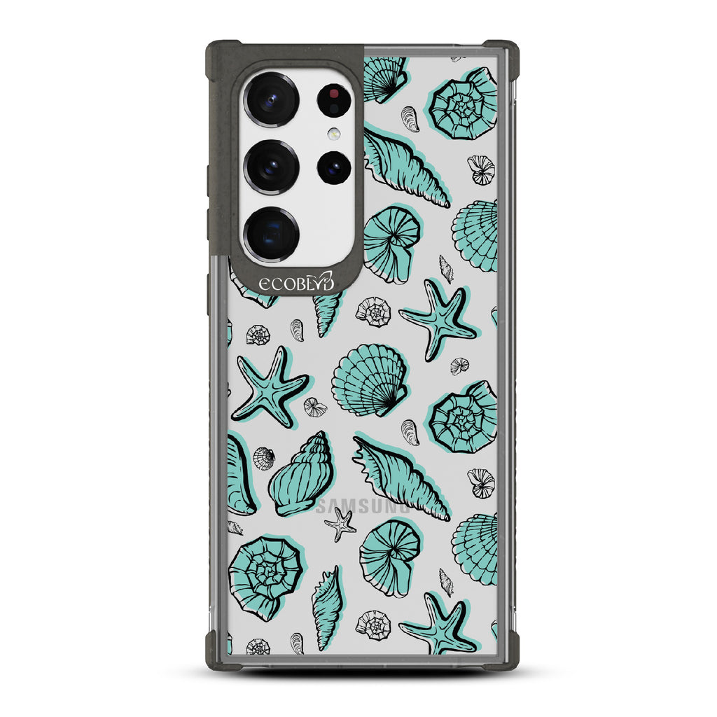 Seashells Seashore - Black Eco-Friendly Galaxy S23 Ultra Case With Seashells and Starfish On A Clear Back