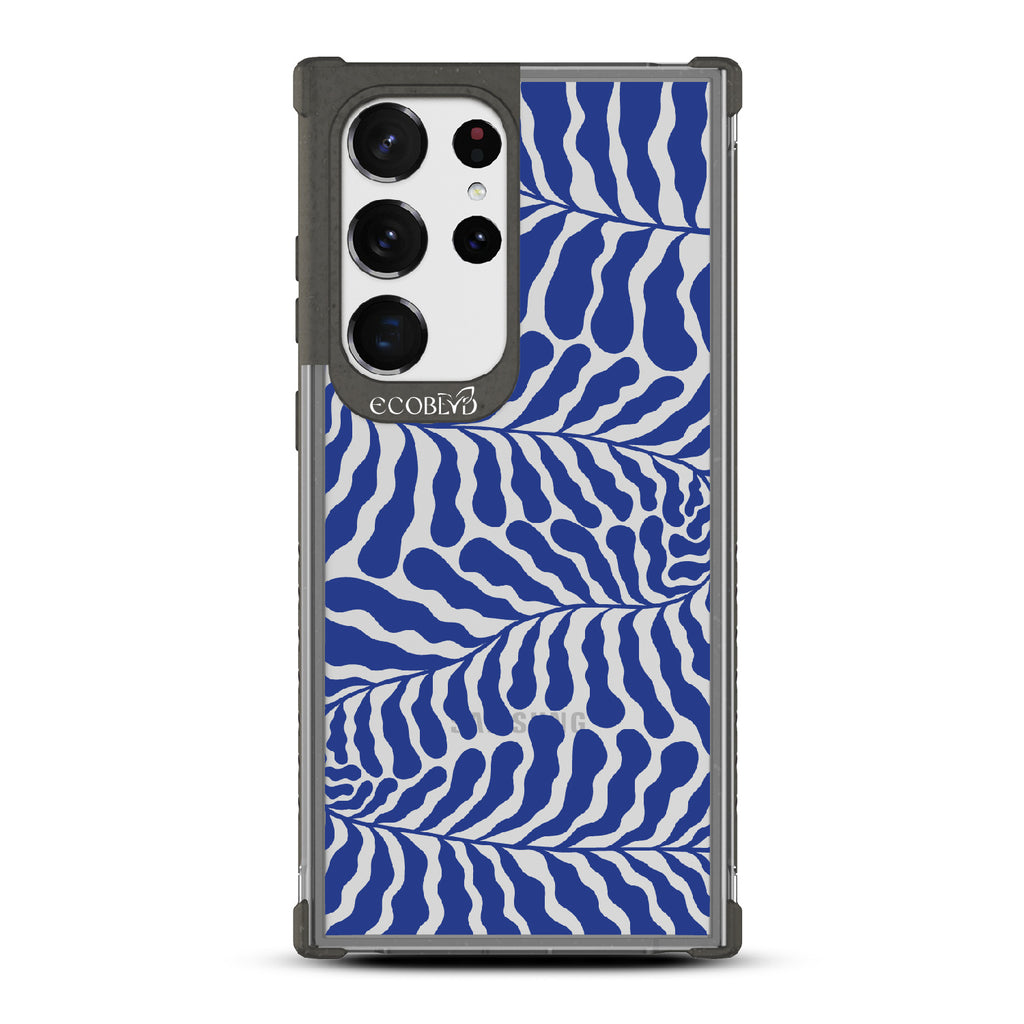 Blue Lagoon - Black Eco-Friendly Galaxy S23 Ultra Case With Abstract Tropical Blue Seaweed On A Clear Back