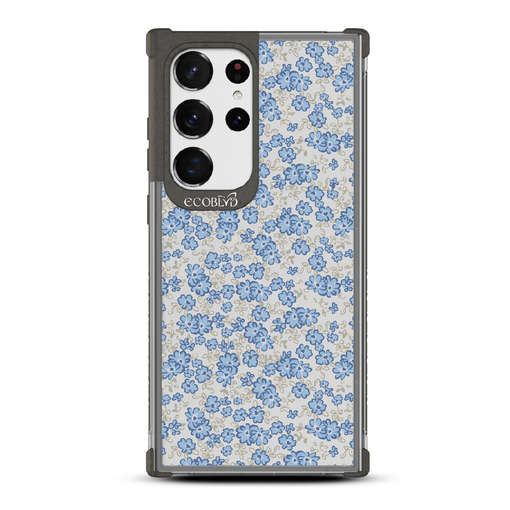 Ditsy Daze - Black Eco-Friendly Galaxy S23 Ultra Case With Vintage Forget-Me-Not Flowers On A Clear Back