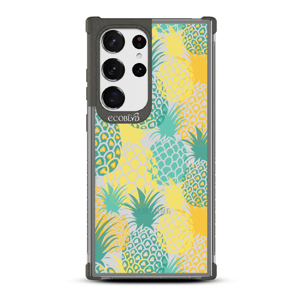 Pineapple Breeze - Black Eco-Friendly Galaxy S23 Ultra Case With Tropical Colored Pineapples On A Clear Back