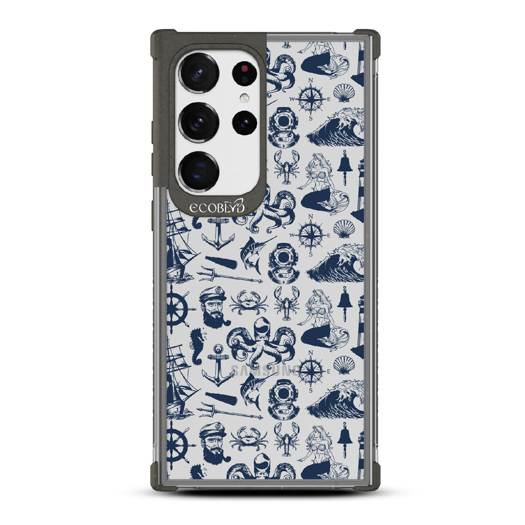 Nautical Tales -  Black Eco-Friendly Galaxy S23 Ultra Case With Sailors, Ships, Waves, Anchors & More On A Clear Back
