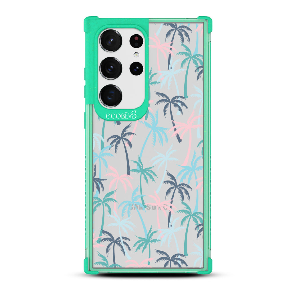 Cruel Summer - Green Eco-Friendly Galaxy S23 Ultra Case With Hotline Miami Colored Tropical Palm Trees On A Clear Back