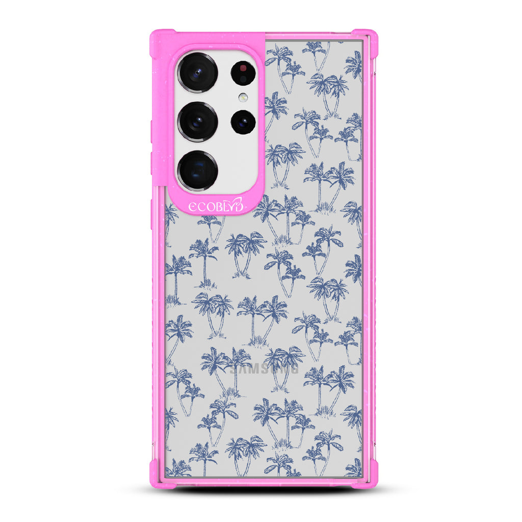 Endless Summer - Pink Eco-Friendly Galaxy S23 Ultra Case With 50's-Style Blue Palm Trees Print On A Clear Back