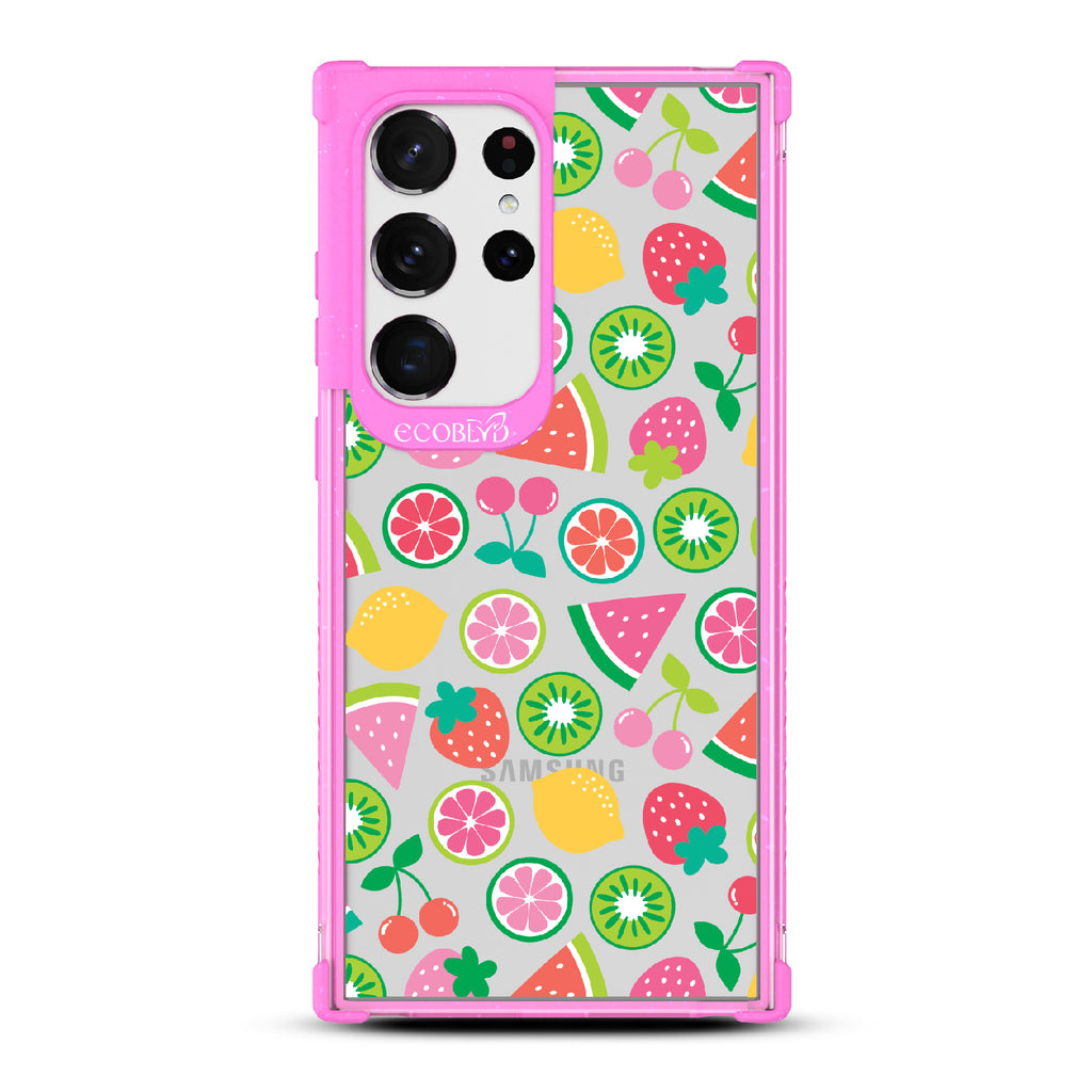Juicy Fruit - Pink Eco-Friendly Galaxy S23 Ultra Case With Various Colorful Summer Fruits On A Clear Back