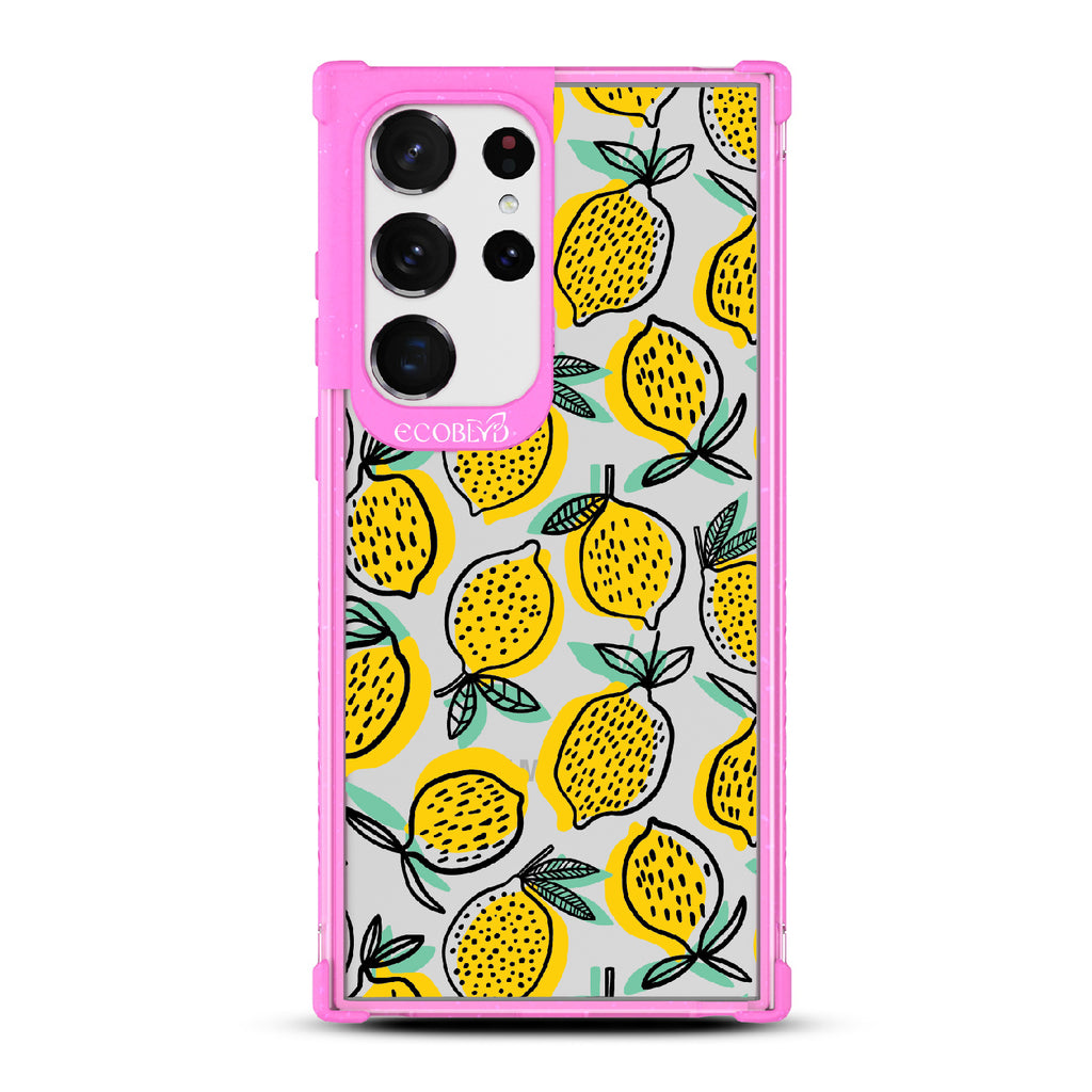 Lemon Drop - Pink Eco-Friendly Galaxy S23 Ultra Case With Retro Lemon Print On A Clear Back