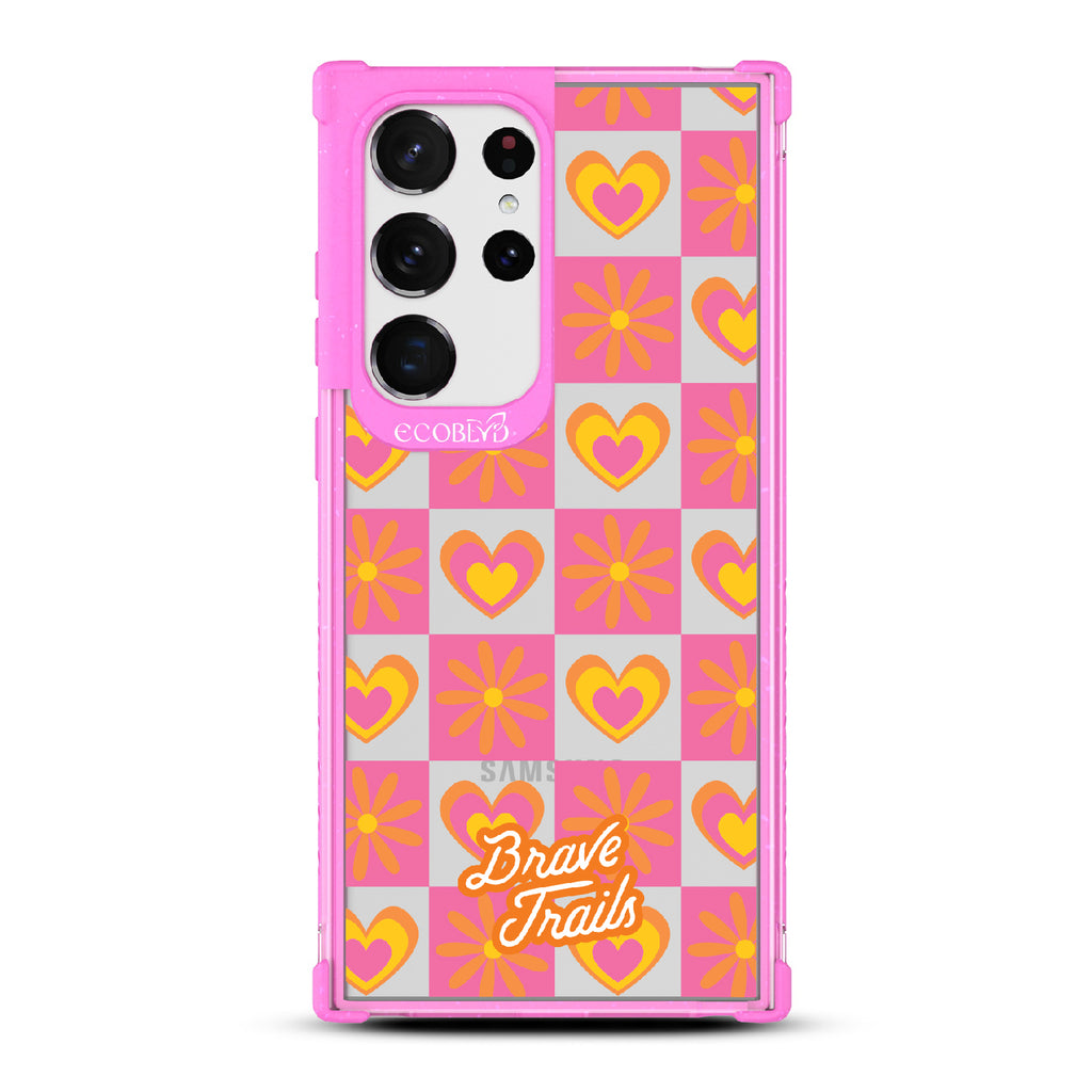 Free Spirit X Brave Trails - Pink Eco-Friendly Galaxy S23 Ultra Case with Pink Checkered Hearts & Flowers On Clear Back