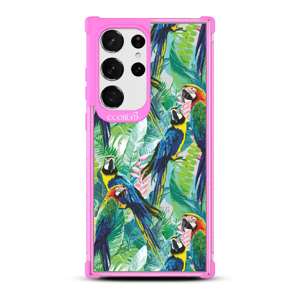Macaw Medley - Pink Eco-Friendly Galaxy S23 Ultra Case With Macaws & Tropical Leaves On A Clear Back