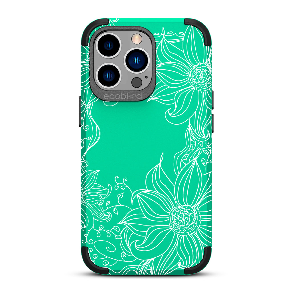Flower Stencil - Green Rugged Eco-Friendly iPhone 12/13 Pro Max Case With A Sunflower Stencil Line Art Design  On Back