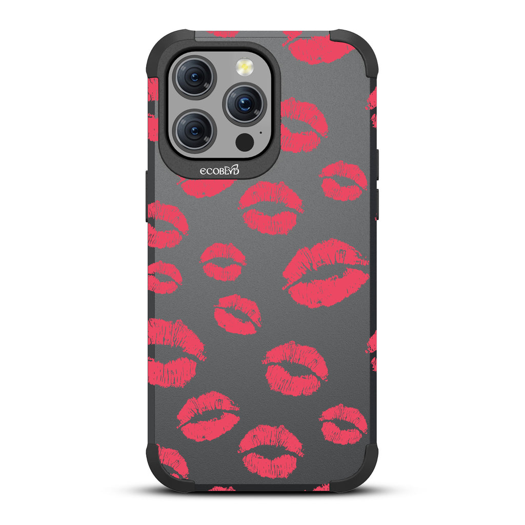 Bisou - Red Lipstick Kisses - Black Eco-Friendly Rugged iPhone 15 Pro Max MagSafe Case