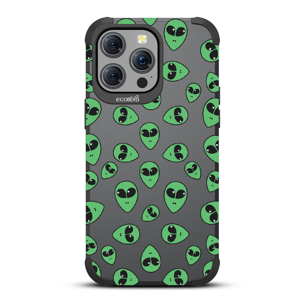 Aliens - Green Cartoon Alien Heads - Black Eco-Friendly Rugged iPhone 15 Pro Max MagSafe Case