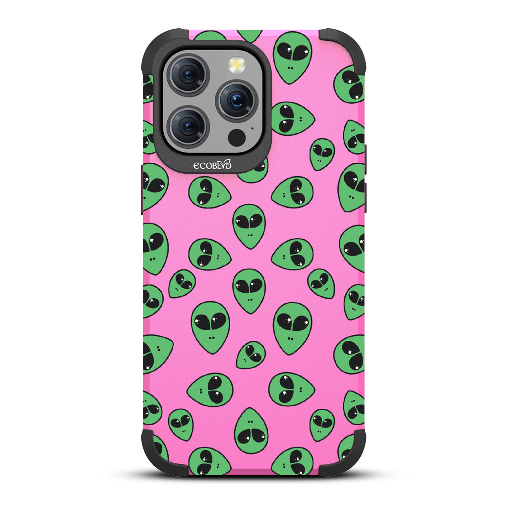 Aliens - Green Cartoon Alien Heads - Pink Eco-Friendly Rugged iPhone 15 Pro Max MagSafe Case