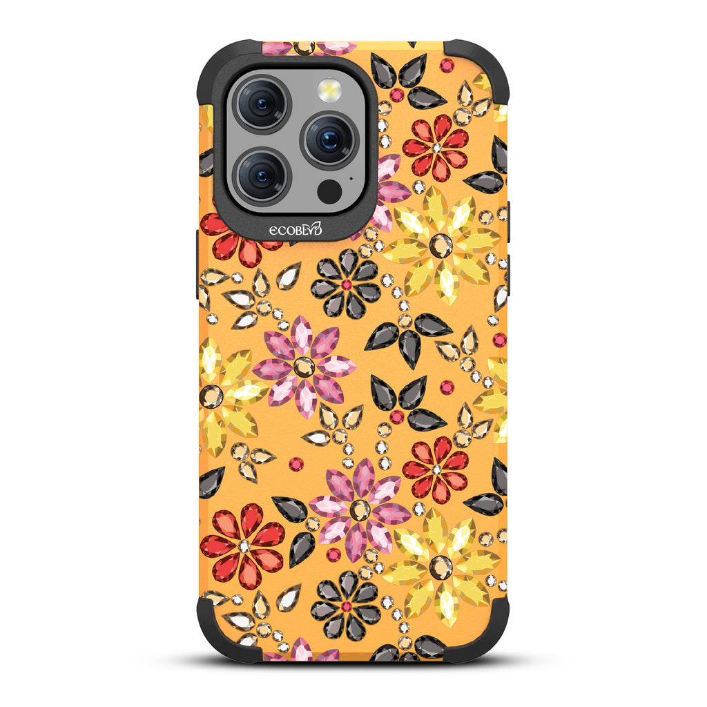 Bejeweled - Rhinestone Jewels In Floral Patterns - Yellow Eco-Friendly Rugged iPhone 15 Pro Max MagSafe Case