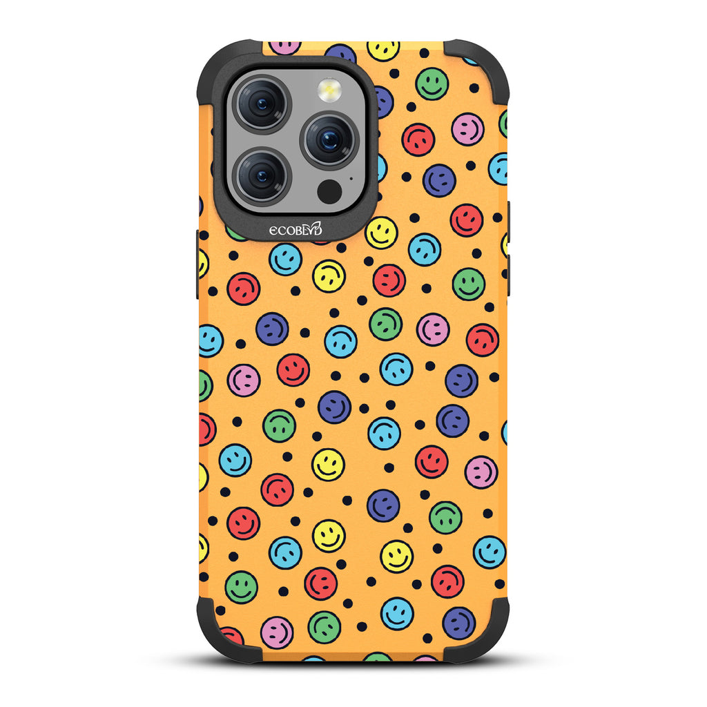 All Smiles - Multi Colored Smiley Faces & Black Dots - Yellow Eco-Friendly Rugged iPhone 15 Pro Max MagSafe Case 