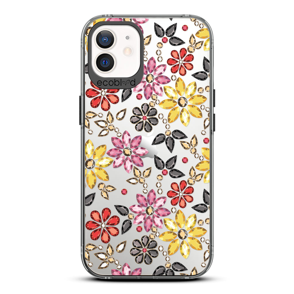 Spring Collection - Black Compostable iPhone 12/12 Pro Case - Rhinestone Jewels In Floral Patterns On A Clear Back