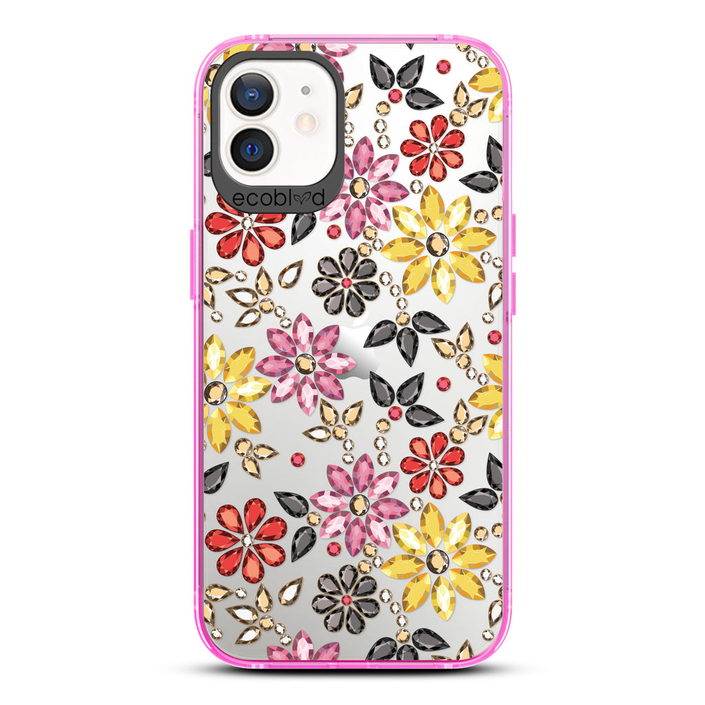 Spring Collection - Pink Compostable iPhone 12/12 Pro Case - Rhinestone Jewels In Floral Patterns On A Clear Back