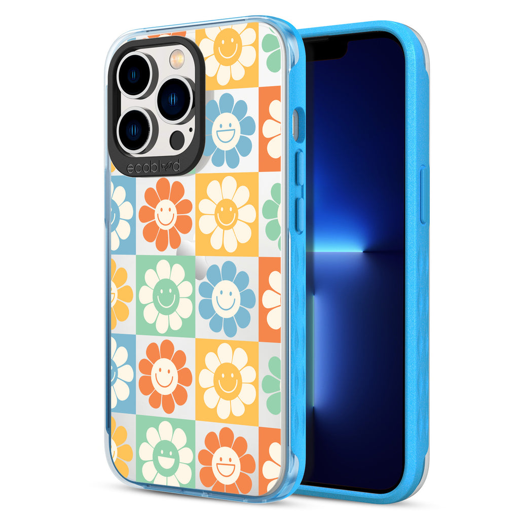  Back View Of Blue Eco-Friendly iPhone 12/13 Pro Max Clear Case With Flower Power Design & Front View Of Screen