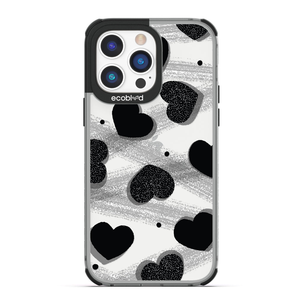Love Collection - Black Compostable iPhone 14 Pro Max Case - Silver Glitter Hearts, Dots, Grey Paint Strokes On A Clear Back