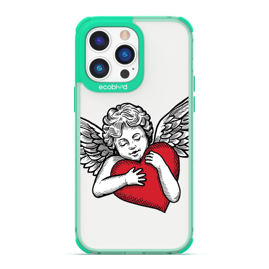 Love Collection - Green Compostable iPhone 14 Pro Max Case - Black & Grey Tattoo Style Cupid Holding Red Heart On Clear Back