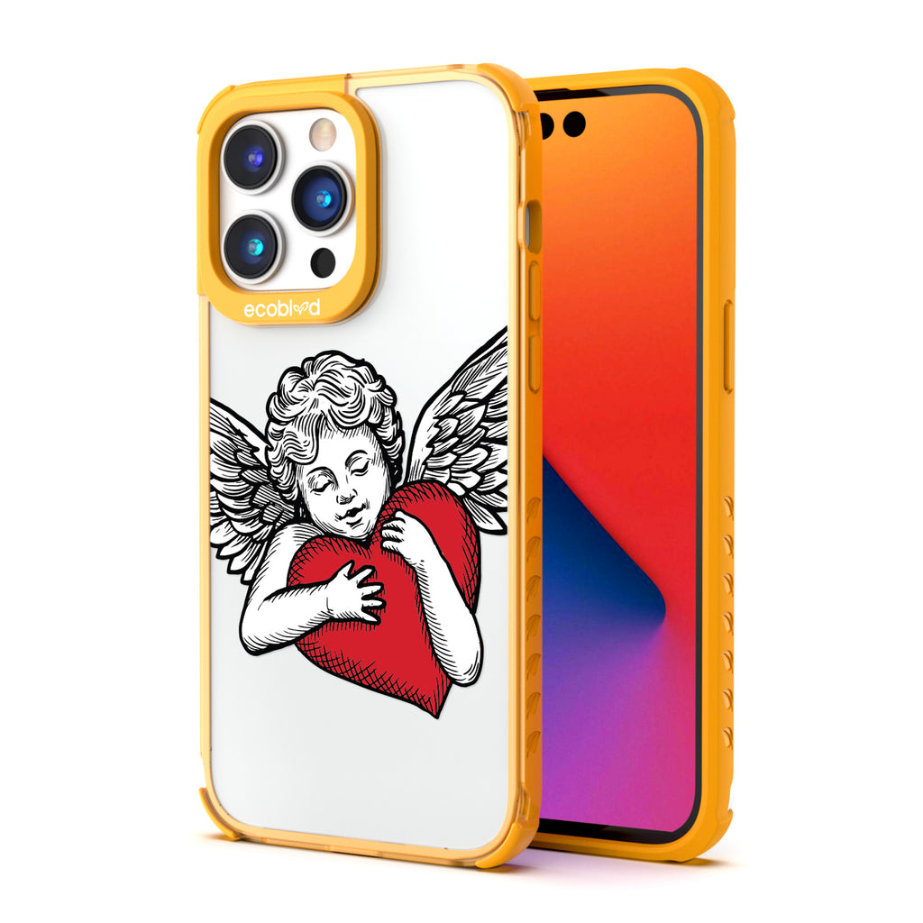 Back View Of Yellow Eco-Friendly iPhone 14 Pro Max Clear Case With The Cupid Design & Front View Of Screen
