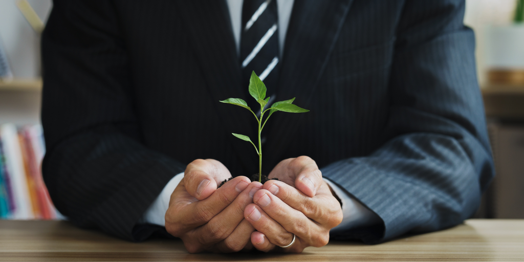 A man in a suit holds his hands together, cradling a sprouting plant, symbolizing growth and care
