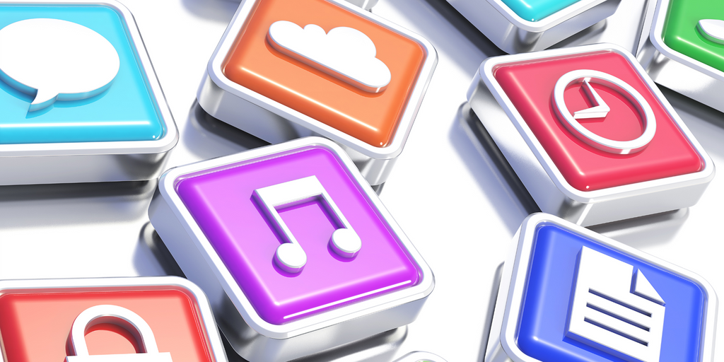 Colorful 3D app icons including chat, cloud, music, lock, and document on a reflective white surface.