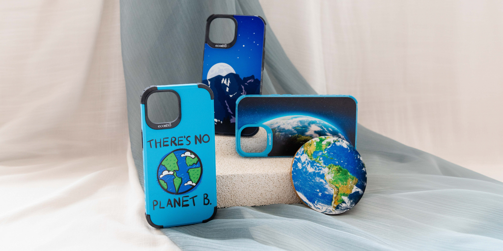 3 eco-friendly phone cases from EcoBlvd’s Earth Day Collection designs +  a bamboo wireless charger featuring an Earth-inspired 'Power The Planet' design.