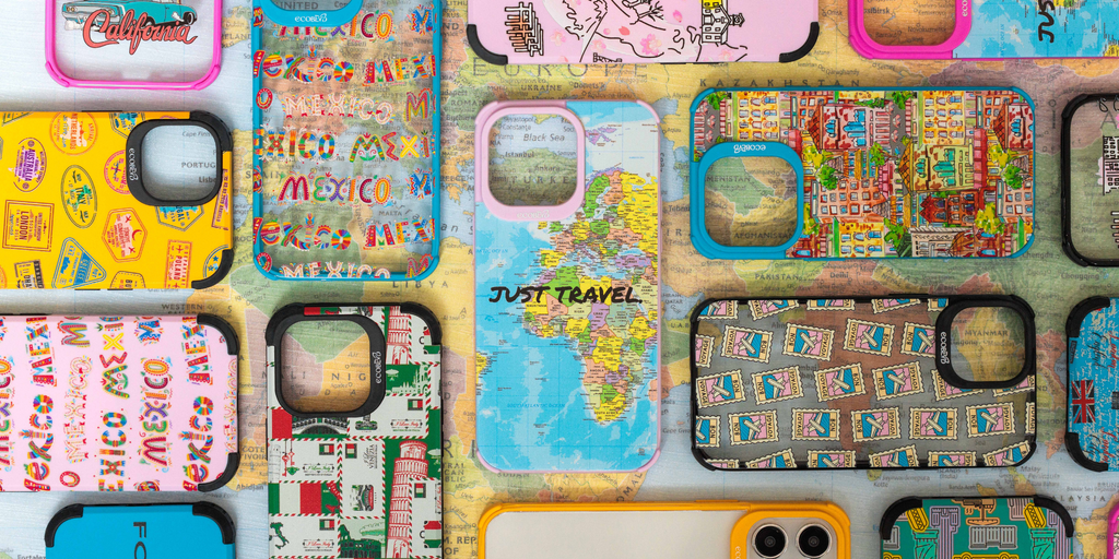 "A collection of colorful, travel-themed phone cases from EcoBlvd's Wanderlust series, arranged on a world map backdrop