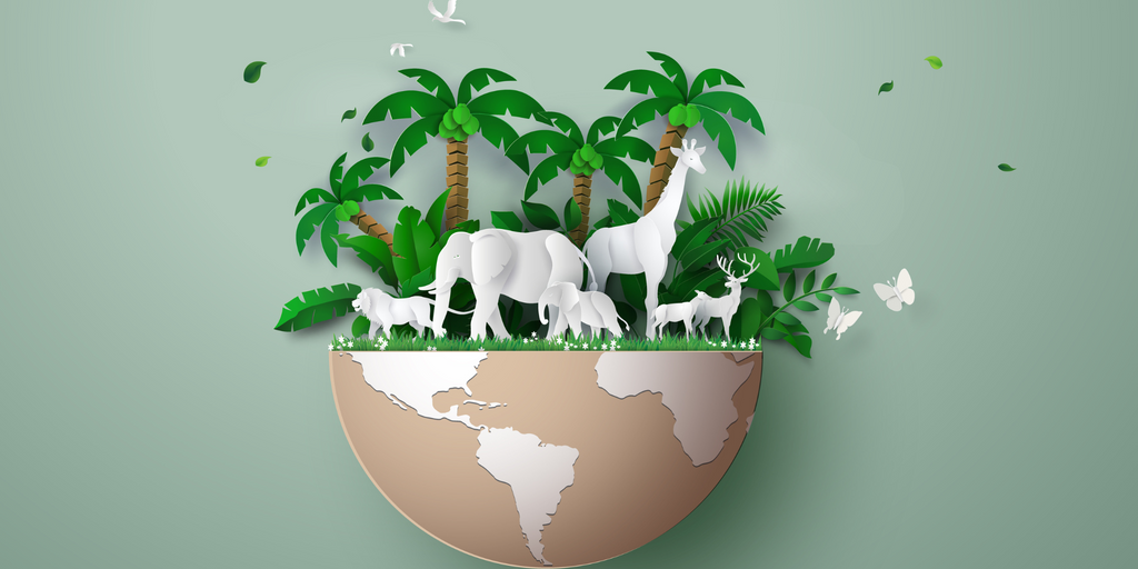 Art of a world map with endangered wildlife and tropical plants on a green background